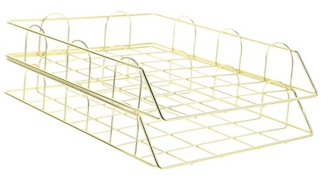 FIXOSHEE 2 Stück Metall Dokumenten organizer Stapelbar Schreibtisch Ablagefach für Ordner Zeitschriften Desktop Mesh Büro Aufbewahrung Gold