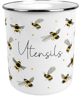 Purely Home Scattered Bees Large Metal Utensil Pot - Stylish Insect Tin Kitchen Utensil Holder/Organiser for Countertop - 15cm(h) x 14cm(dia.)