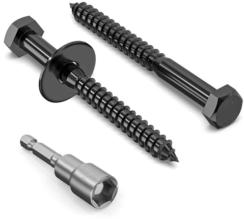 12Pcs M8 x 80mm Coach Screws, Heavy Duty Lag Bolts, 80mm Wood Screws | 304 Stainless Steel, Hex Head Partial Thread Black Oxide, with Washers and Hex Socket Drill Bit