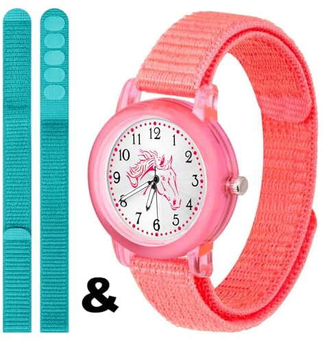 Brecjon Kinderuhr Mädchen Pferdeuhr Armbanduhr Klettarmband analog | Pferdeuhr für Mädchen mit Sunray-Zifferblatt, Pferdekopf-Silhouette, Leuchtzeigern und weichen Klettarmbändern.