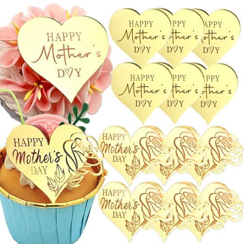 12 Pieces Happy Mother's Day Cupcake Toppers, Gold Mirror Acrylic, Heart and Rose Design