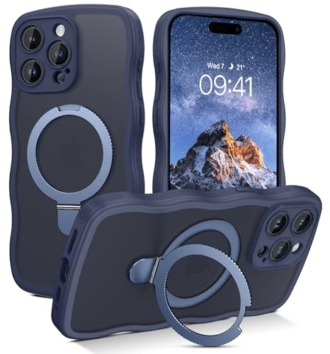 GaoBao Magnetic for iPhone 15 Pro Max Case with Ring Stand,[Compatible with Magsafe] Curly Wave Frame Phone Case Translucent Matte TPU Bumper Shockproof Protective Cover for iPhone 15 Pro Max, Blue