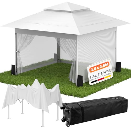 Huracan Pavillon 3,6x3,6m, Wasserdicht Stabil Winterfest Partyzelt, Pop Up Faltpavillon Garten mit Moskitonetz Seitenteilen und Sandsäcke, Höhenverstellbar Gartenpavillon, Doppeldach Gartenzelt, Weiß