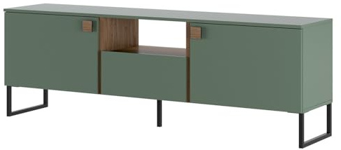 Arreditaly Mobile Porta TV Con 2 Ante A Ribalta 1 Cassetto E Vano a Giorno Design Moderno Piedini Slanciati Stile Nordico Industriale 179 x 60 x 40 Cm Colore Verde E Rovere