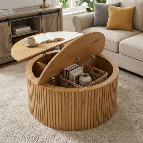 OOFAYJIA Couchtisch Rund mit Hebeplatte, Höhenverstellbar Beistelltisch mit Verstecktem Stauraum, Kaffeetisch Aufklappbar für Wohnzimmer, Schlafzimmer, Kleine Räume, Büro