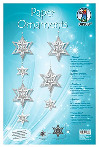 Ursus 21740099 - Bastelset Paper ornaments, Sterne, weiß/silber, Set mit Material für 12 große und 12 kleine Sterne, mit Bastelanleitung, ideal als winterliche Wand -, Fenster -, und Raumdekoration