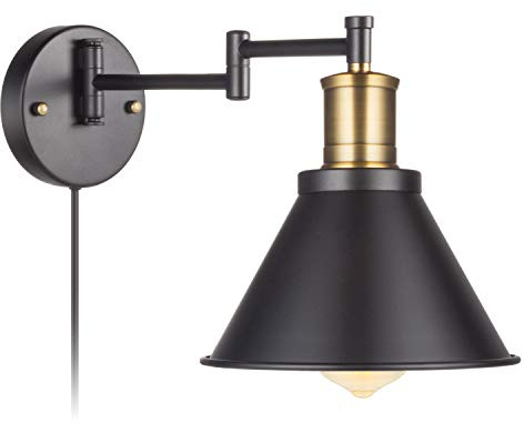 ArcoMead Swing Arm Wall Lamp Plug-in Cord Industrial Wall Sconce, Bronze and Black Finish,with On/Off Switch, E26 Base,1-Light Bedroom Wall Lights Fixtures,Bedside Reading Lamp