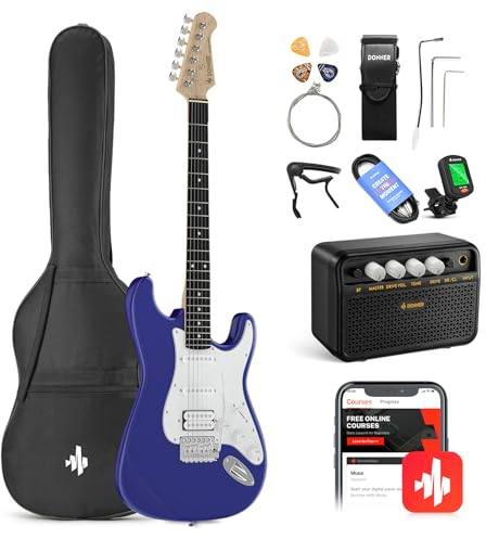 Donner E-Gitarre Set E Gitarren, S-S-H Pickups, 39 Zoll Volle Größe mit Verstärker, Tasche, Capo, Gurt, Saiten, Tuner, Kabel und Plektren (DunkelBlau)