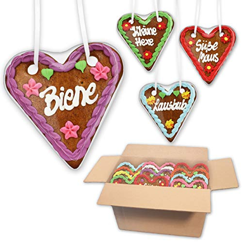 64x Lebkuchenherzen Mischkarton mit Jahrmarkt Sprüchen, 14 cm, bunte Farbe | LEBKUCHEN WELT Spruchherzen Liebevoll mit Zuckerguss verziert, am Band zum Umhängen, ideal für Party und Geburtstag