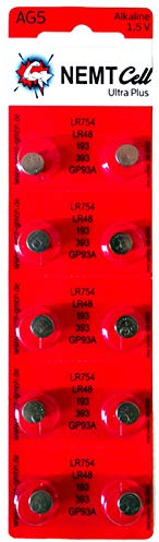 10 AG5 Wilhelm Cell Knopfzellen Knopfbatterien Uhrenbatterien LR754, LR48, 193, 393 1,5V