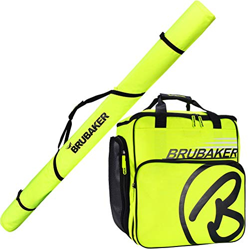 BRUBAKER Combi Set Carver Pro Xp - Skitasche mit gepolsterten Schultergurten und Skischuhtasche für Skiper 1 Paar Ski + Stöcke + Schuhe + Helm - Farbe Neongelb - 195 cm