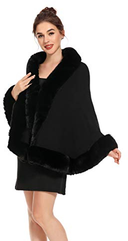 ZLYC Damen Winter Kunstpelz Poncho Cape Strick Schal Stola Warm Cardigan (Schwarz),Einheitsgröße