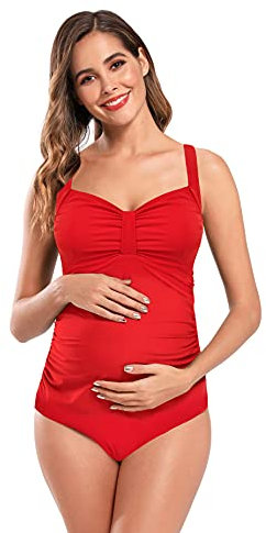 SHEKINI Maillot De Bain De Grossesse Femme Bowknot Bandeau Maillots De Bain Rassemblement Monokini Une Pièce pour Les Femmes Enceintes Grandes Tailles Maillots De Bain De Maternité (Rouge, M)