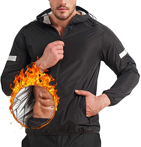 KUMAYES Sauna Suit for Men Sweat Sauna Jacket Weight Loss Workout Shirt Gym Fitness Long Sleeve Sweat Suits Zipper with Hood