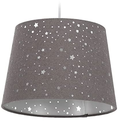 Relaxdays Kinderzimmerlampe Sterne, hängende Schirmlampe, Jungen & Mädchen, Sternenhimmel, E27, runder Stoffschirm, grau, 10028042_111