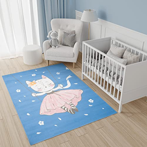TAPISO Jolly Teppich Kurzflor Kinderzimmer Schlafzimmer Spielmatte Blau Rosa Katze Blumen Prinzessin Design 160 x 220 cm