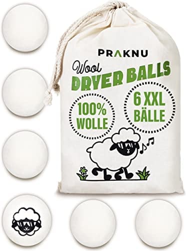 Praknu Trocknerbälle Wolle für Wäschetrockner 6er Set - Weiche, Flauschige Wäsche - 100% Öko Schafwolle - Energie sparen - Ideal für Daunen
