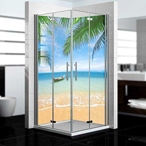 dedeco Eck-Duschrückwand wasserfest Motiv: Strand V2, UV-Lack glänzend, 2 x 90x200 cm, Badrückwand, Fliesenersatz fugenlos Wandverkleidung Duschplatte Duschrückwände aus Aluminium, Made in Germany