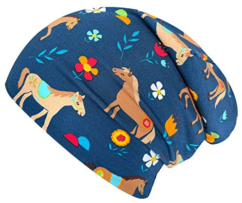 Wollhuhn ÖKO Jungen/Mädchen Bequeme Weiche Long Beanie/Mütze/Beanie-Mütze/Strickmütze/Kindermütze Jersey Gefüttert Übergangszeiten (Öko-Stoffe/Bio)… (Pony/Pferde Blau, M)