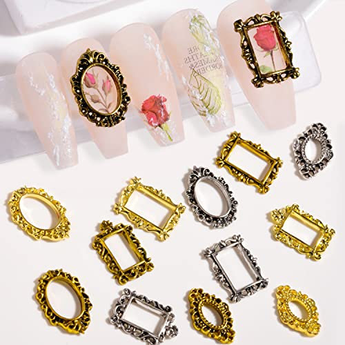 SILPECWEE 60pcs Retro Nail Charms Metal Punk Nail Jewels Engraved Nail Frame Charms for Nails 3D Nail Art Charms Flat-Back Nail Studs Nail Art Decoration for DIY Craft