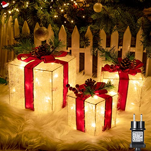 ELKTRY 3er LED Weihnachtsdeko innen, Geschenke Leucht Boxen mit Schleife außen, Weihnachtenbox Beleuchtet Deko mit Stecker für Weihnachten Weihnachtsbaum Fenster Kinderzimmer