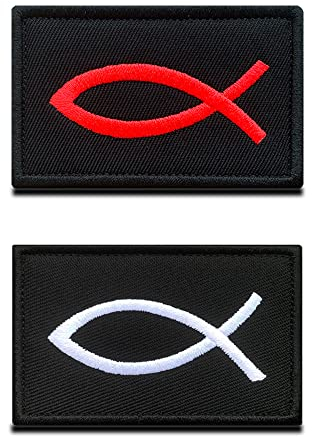 Zcketo 2 Stück Jesus Fisch Ichthys Bestickter Aufnäher mit Verschluss Religiöse Fische Bestickter Aufnäher Patch für Kleidung Taschen Uniform Rucksäcke Weste Hundegeschirr