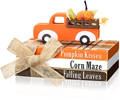 Queekay Sonnenblume Abgestufte Tablett Deko, Dekorative Falsche Buch Rustikale Holz Fälschung Alte Buch Haus Mantel Dekoration für Frühling Sommer Tisch Regal Mantel Schmuck (Herbst)