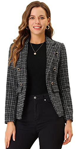 Allegra K Costume d'Halloween élégant pour femme - Veste à carreaux - Manches longues - Blazer en tweed ouvert sur le devant, Noir , 44