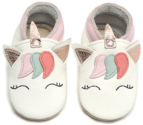 IceUnicorn Krabbelschuhe Baby Lauflernschuhe Jungen Weiche Leder Babyschuhe Kleinkind Lederschuhe mädchen Babyhausschuhe(Weißes Einhorn,12-18)