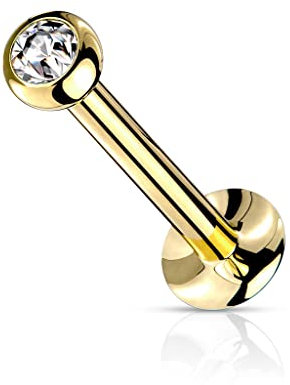 Paula & Fritz® Push-In Labret Piercing Gold Zirkonia 2-mm Klar Chirurgenstahl 316L 0,8-mm Stab-Dicke 6-mm Lang Madonna Medusa Ohr-Stecker Labret Stud