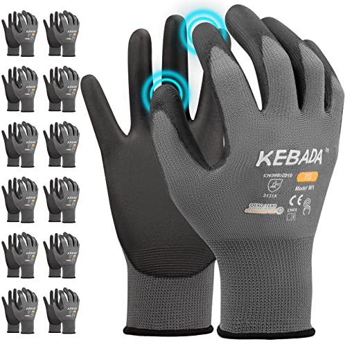Kebada W1 Work Gloves for Men and Women, PU Coated Safety Gloves with Grip, Touchscreen, Ideal for Warehouse Work, Construction, Gardening, 12 Pairs Gray X-Large