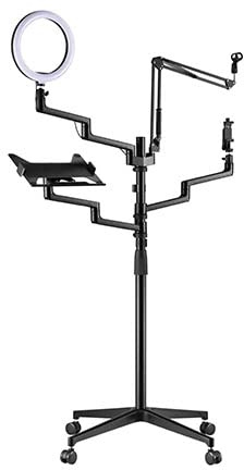 MDS11-2 Live Broadcast Boom Arm And Mobile Cart | Flexible Desk Mount Camera Arm | Clamp Webcam Stand | Microphone Boom Arm | Laptop Stand | 10 LED Ring Light | Voice Recording And Podcasting