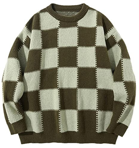 Disimlarl Winter High Street Plaid Retro Herren Japanische Hip Hop Street Paar Lose Wolle Pullover, Gn, M