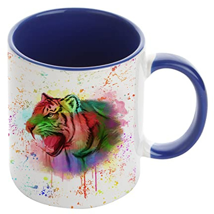 Tiger Design Water Colour Painting Rainbow Art Birthday, Christmas, Secret Santa Coffee Tea Cocoa Soup Daily use Inside Coloured Ceramic Cup Mug. (Navy Blue)
