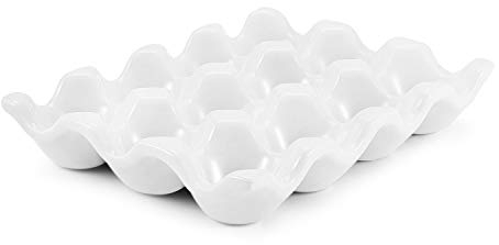 Flexzion 12 Cups Ceramic Egg Holder - Whole Dozen Porcelain Egg Tray Container Keeper Storage Organizer Decorative Serving Stand Serveware for Refrigerator Fridge Countertop Display 2 Pack (White)