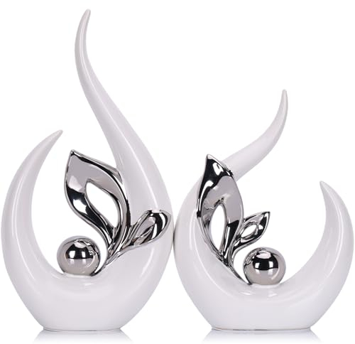 LCCCK Moderne Weiße & Silberne Keramik-Skulptur – Abstrakte Kunststatue 33cm im Skandinavischen Design für Wohnzimmer Esstisch, Büro und Eingangsbereich Dekorakzent