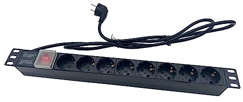 Steckdosenleiste Stromverteiler mit Schalter, 8-Fach Schutzkontaktsteckdose, 1,8 m Zuleitung, 19“ Zoll Steckdosenleiste, 1HE, Rack, Schuko