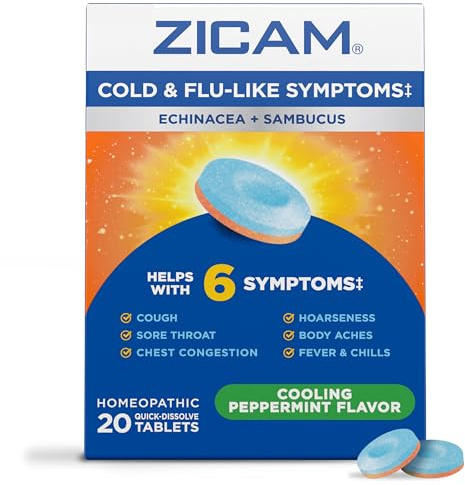 Zicam Cold & Flu-Like Symptoms with Echinacea and Sambucus, Homeopathic, Zinc, Cooling Peppermint Flavor, Helps with Cold Symptoms, 20 Tablets