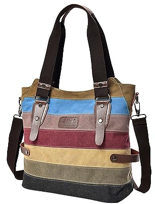 Damen Handtasche Canvas Henkeltasche Regenbogen Design Tote Bag Große Kapazität Schultertasche Gestreift Shopper mit Schultergurt 1439