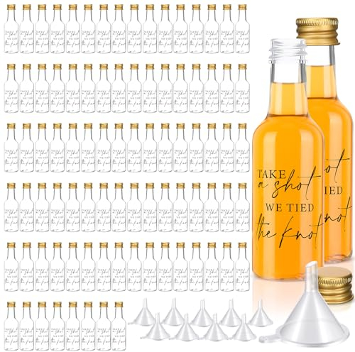 Bokon 100 Pcs Mini Wedding Liquor Bottles Take a Shot We Tied The Knot Shot Glasses for Guests 1.7 Fl Oz/ 50 ml Plastic Reusable Empty Bottle with Cap Funnel Acrylic Mini Glasses for Bridal (Gold)