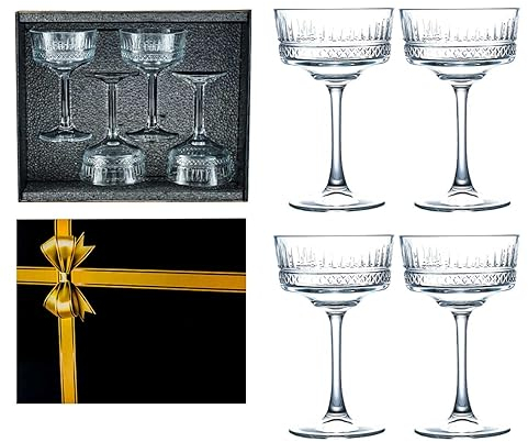 Vintage Coupe Gläser Set mit 4 Gläsern (8,8oz/260ml), Champagner, Martini und Cocktailgläser mit Geschenkbox Weihnachten mit Deckel, Rum und Gin Tonic Gläser