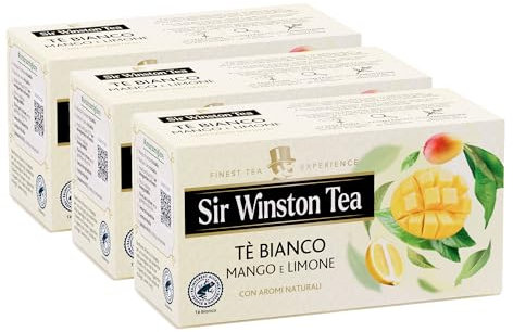Sir Winston Tea, Tè Bianco Mango e Limone, 60 Filtri (3 Confezioni da 20 Filtri), Gusto Delicato e Fruttato, Certificato RFA, Senza Lattosio, Glutine e Allergeni, Vegan