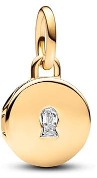 PANDORA Moments Aufklappbares & Gravierbares Liebesmedaillon Charm-Anhänger aus Sterling Silber mit 14 Karat vergoldeter Metalllegierung, Zirkonia, Kompatibel Moments Armbänder, 763066C01