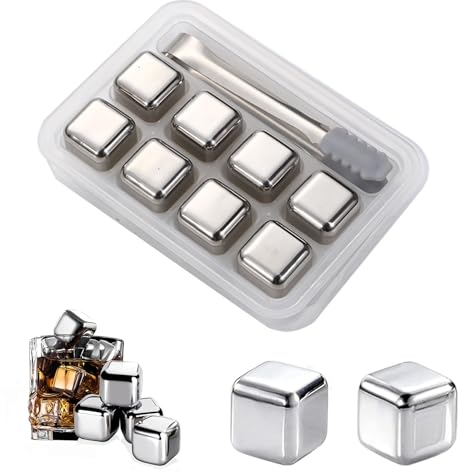 Eiswürfel wiederverwendbar,Eiswürfel Edelstahl,Eingefroren Eiswürfel, wiederverwendbare eiswürfel Steine set inkl Zange 8er Ice Cubes Kühlsteine für eisgekühlt Whisky,Wodka,Likör,Wein, Getränkesaft.