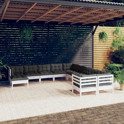 MNISDFL Gartenlounge Biertischgarnitur Terrassenmöbel 11-TLG. Garten-Lounge-Set mit Kissen Weiß Kiefernholz