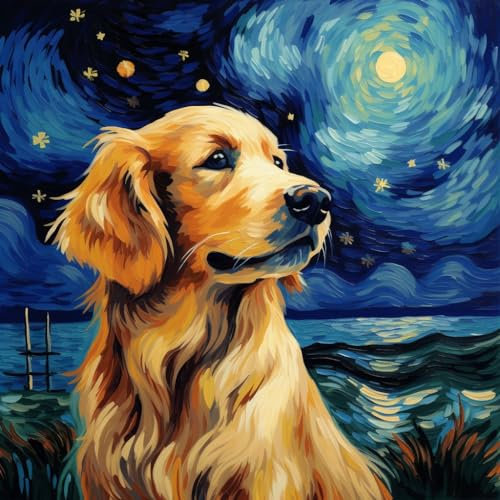 PPTRTYQT Chien Golden Retriever Ciel Étoilé, Peinture Par Numéro Adulte 40X40Cm Bricolage Tableau Peindre Par Nombre Pour Enfants Jouets À Peindre Cadeaux Peints À La Main -sans cadre