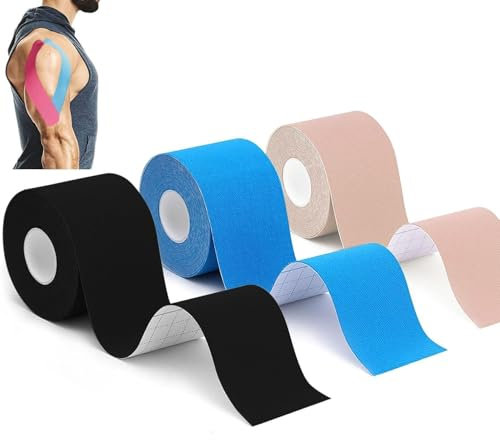 LiangMai Kinesiology Tape (3 Rolls,5cm*5m) Waterproof Sports Tape for Athletes Physio Elastic Tape Muscle Tape for Knee, Shoulder, Ankle, Plantar & Body Support & Kinetic, Flexible(Black+Blue+Beige)