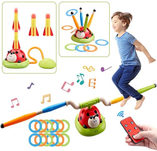 3 in 1 Multi-Functional Game Sports Machine, Kid Ladybug Fitness Machine Toy, Indoor Outdoor Child Training Equipment, Contains Rocket Launcher, Rotating Ring Toss, Rotating Musical Jump High Game