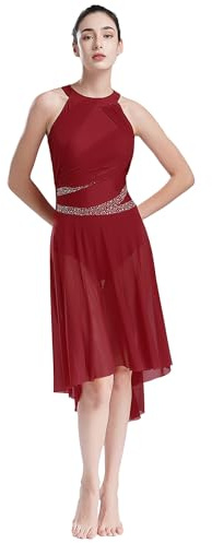 Yhong Damen Ballettkleid Lyrisches Tanz Kostüm Mit Mesh Asymmetrisch Rock Elegant Ballett Trikot Body Kleid Modernen Zeitgenössischen Tanz Tüllkleid Burgundy S