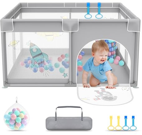 FIVMEN Laufstall 127x127cm Mit 50 Spielbällen, Krabbelgitter Und 4 Zugringen - Tragbarer Baby Playpen, Grauer Raumfahrer